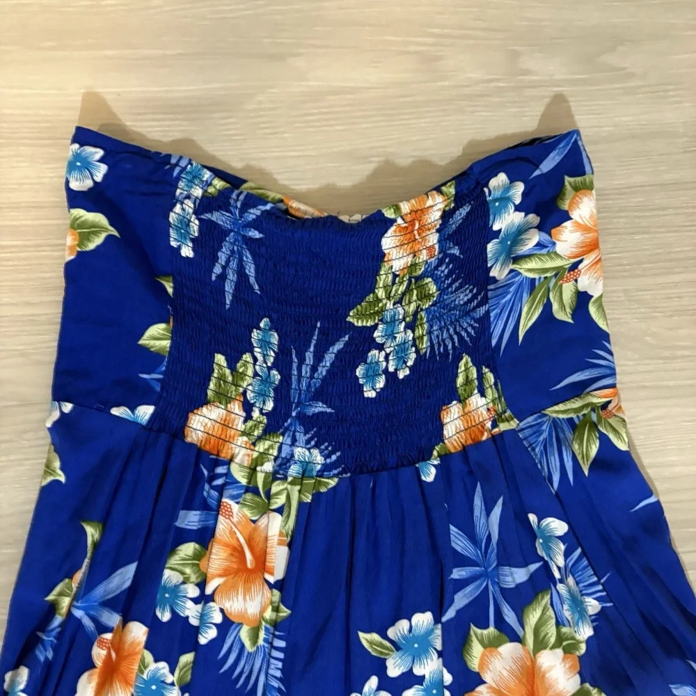 Hawaii Hangover Girls Dress Blue Floral Hibiscus High Low Strapless Smocked 14